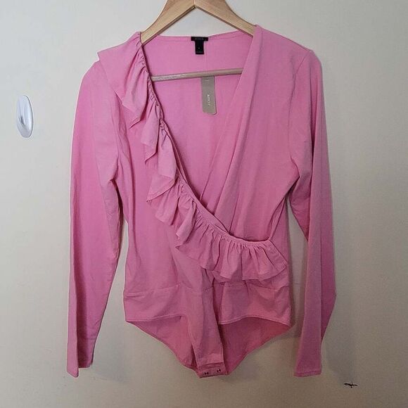 J.Crew Women's Deep Blossom Pink Ruffle-Front Wrap Bodysuit One-Piece Large - Picture 2 of 5